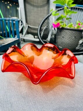 Vintage Amberina Red Orange Ruffled Art Glass Bowl MCM Centrepiece